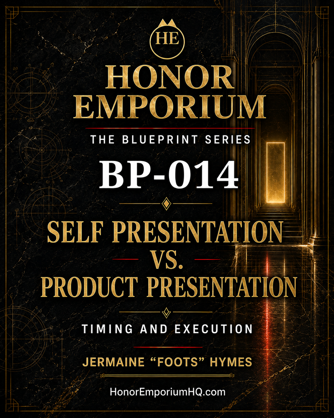 Black and gold Honor Emporium BP-014 digital blueprint cover titled Self Presentation vs. Product Presentation: Timing and Execution.